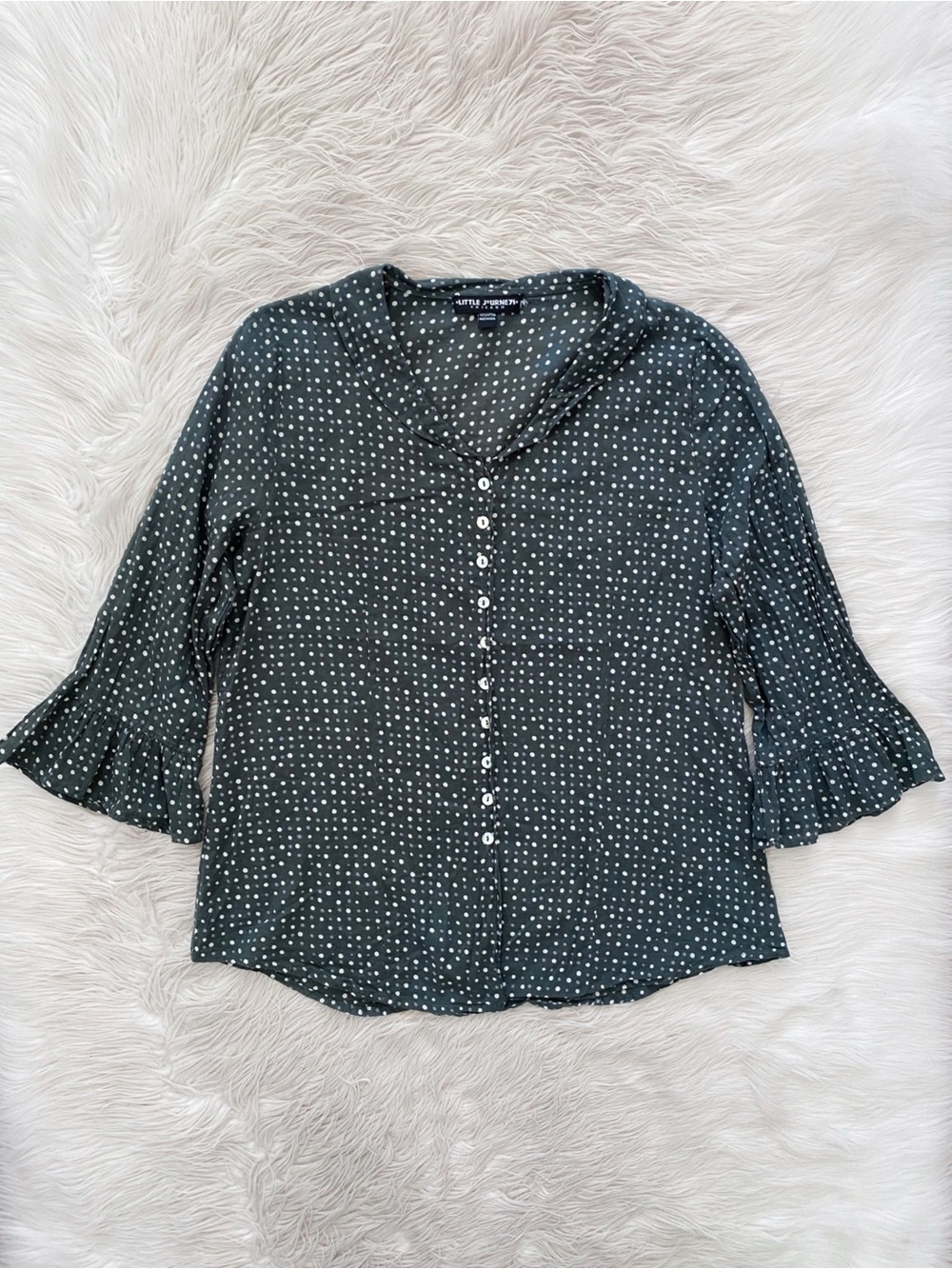 Little Journeys Chicago Green Gray Polka Dot Button Up Blouse Shirt Lagenlook
